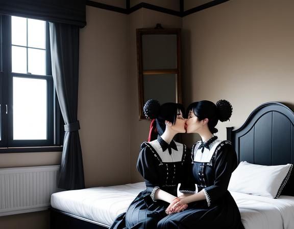 Identical Twin Gothic Kitsunes Kissing