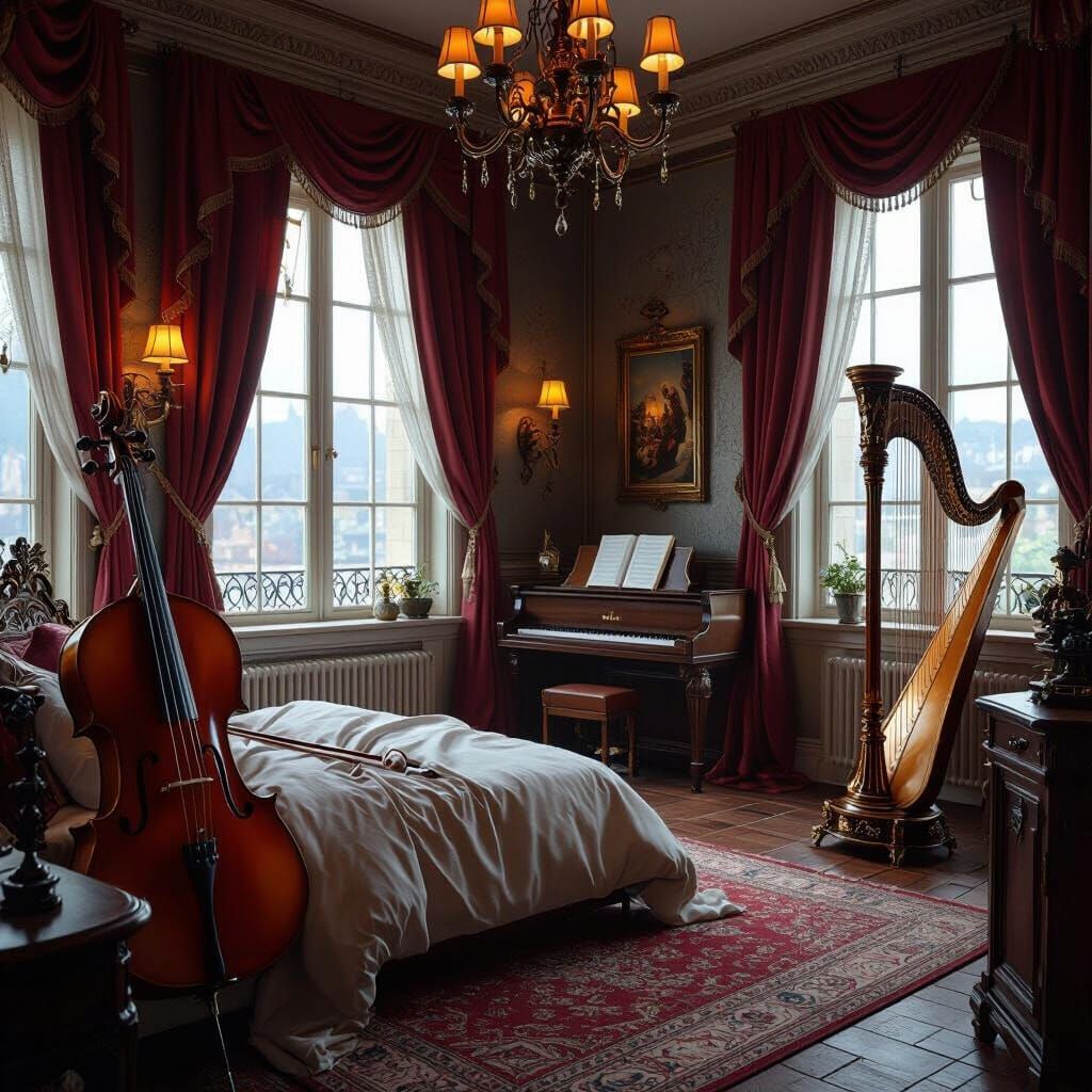 Victorian Dragon Bartender's Bedroom with Musical Instrument...