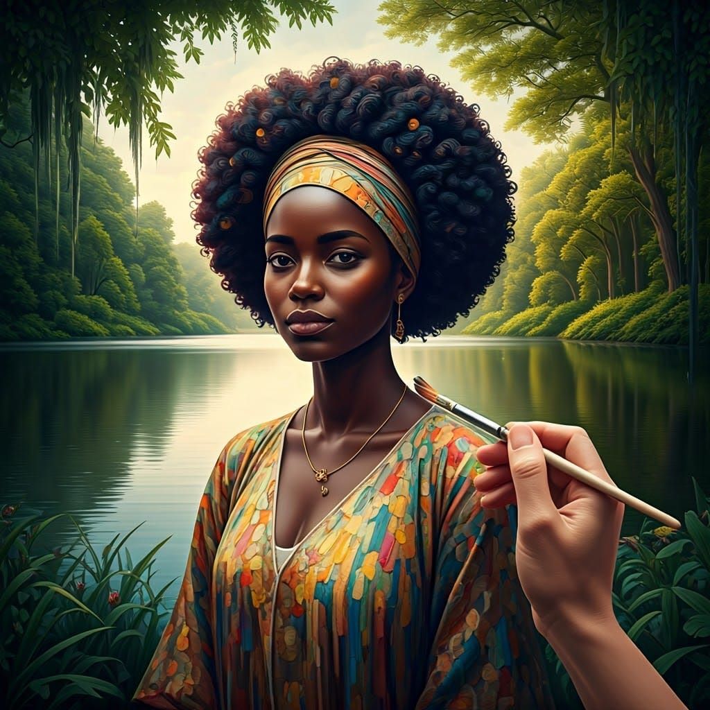 Hyper-Realistic Portrait of a Serene Black Woman by a Tranqu...