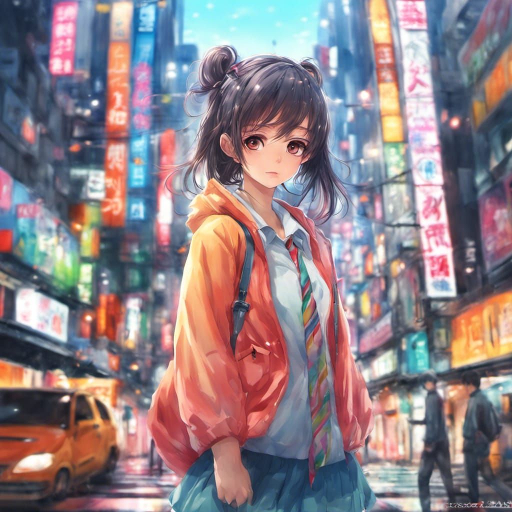 Colorful 3D Anime Girl in Tokyo Style