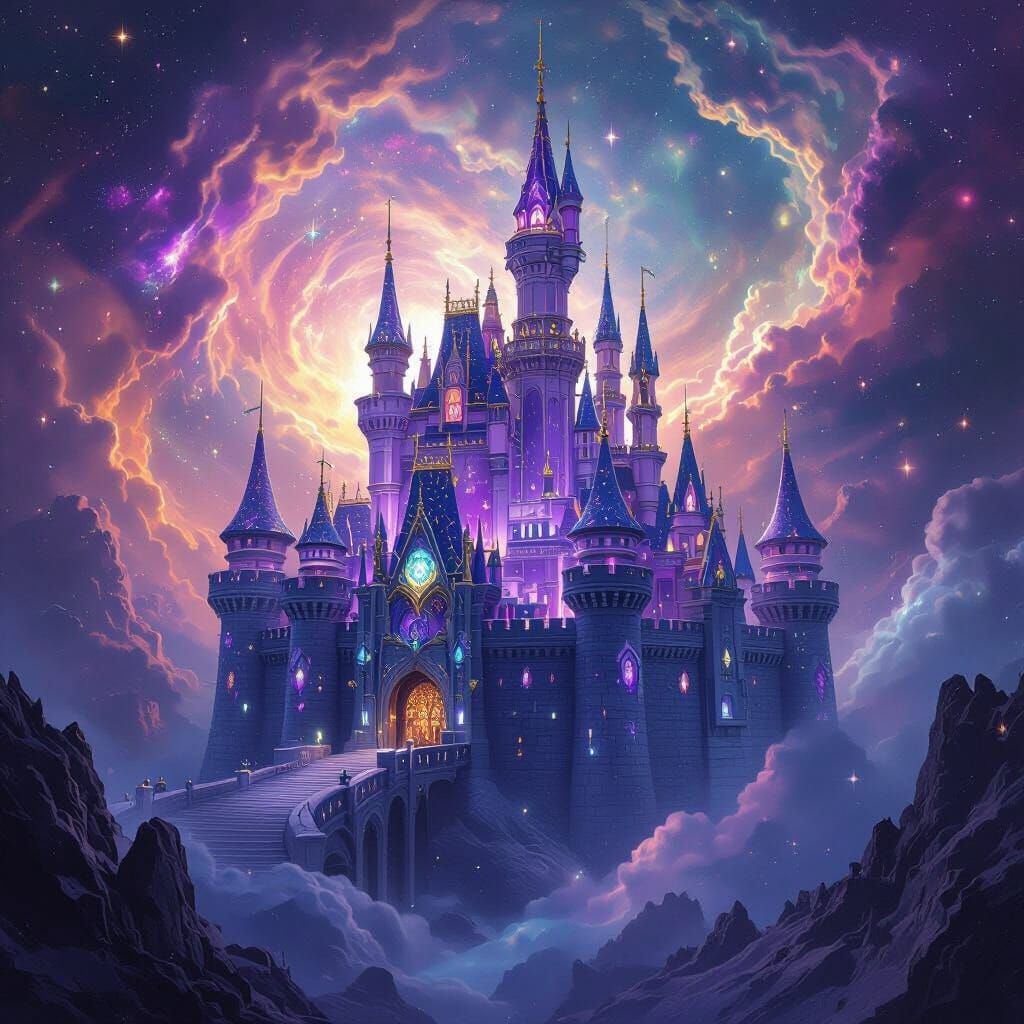 Amethyst Crystal Castle Floating in Space Nebula