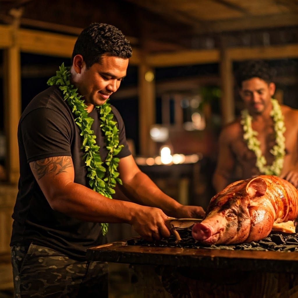Hawaiian Men Cooking Traditional Pig Roast