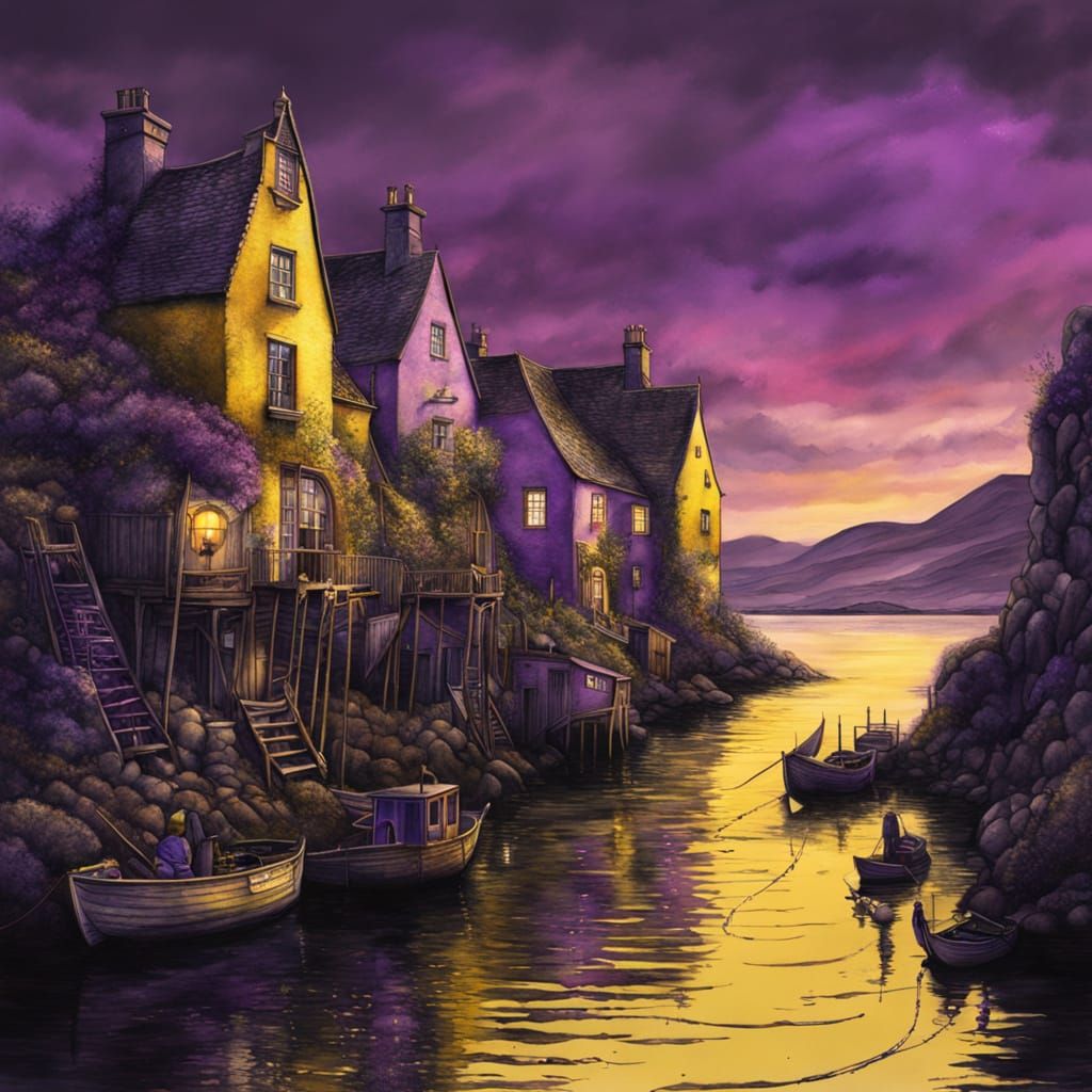 Scottish Fishing Village at Sunset in Watercolour Style