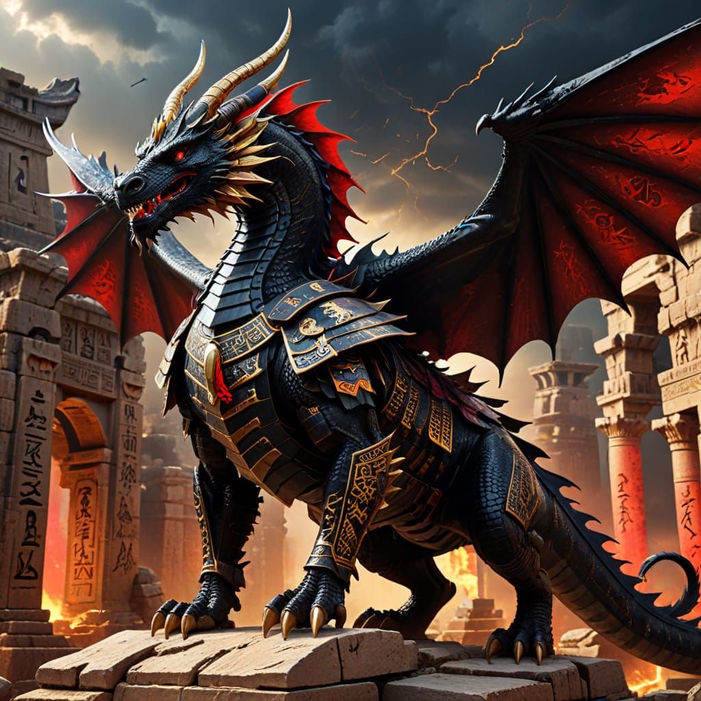 Black Dragon Amidst Ancient Ruins in Dark Fantasy Style