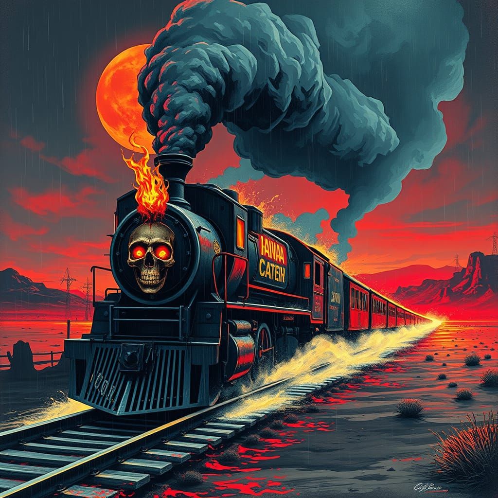 Spectral Ghost Train Through Flaming Desert Night