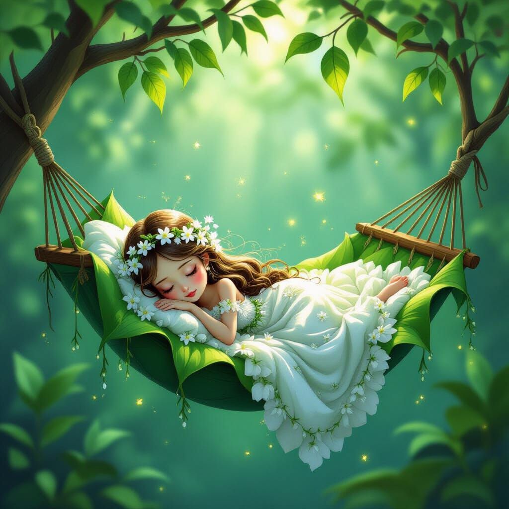 Surreal Lily-of-the-Valley Girl in Hammock Leaf