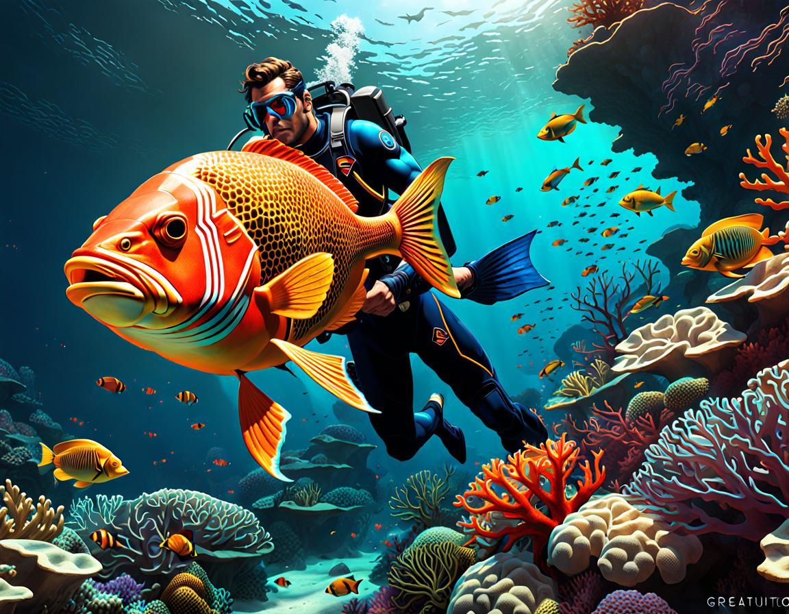 Superman Scuba Diving in Colorful Coral Reef