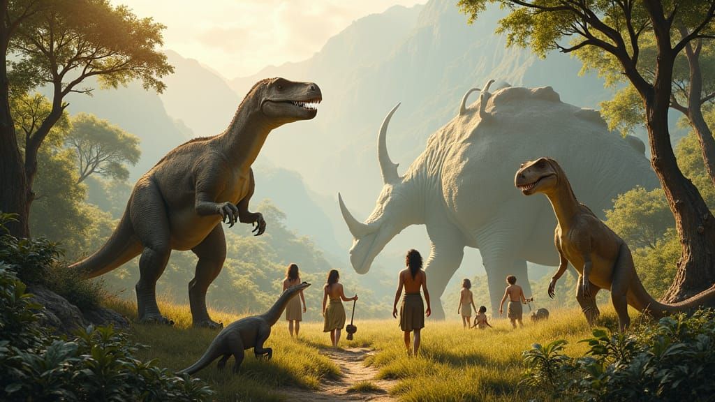 Prehistoric Harmony: Dinosaurs and Humans in Lush Landscape