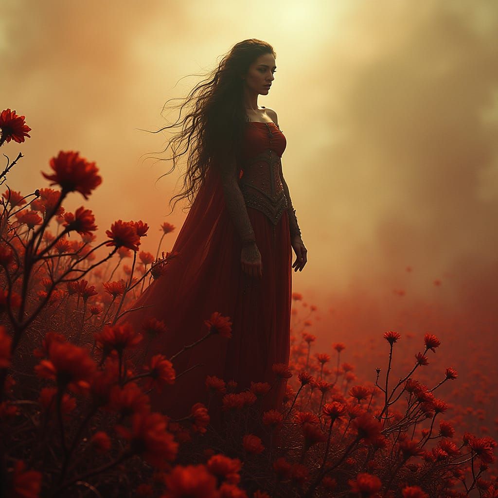 Crimson Goddess Dominates a Field of Fallen Warriors