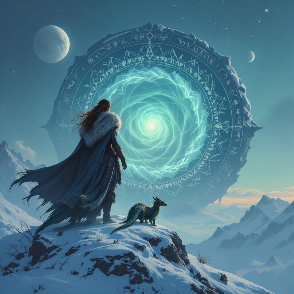 Viking Goddess with Dragons and Fractal Stargate