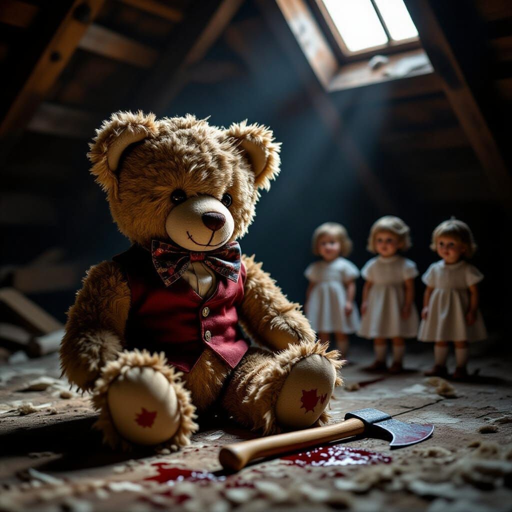 Sinister Teddy Bear in Dusty Attic by Moonlight
