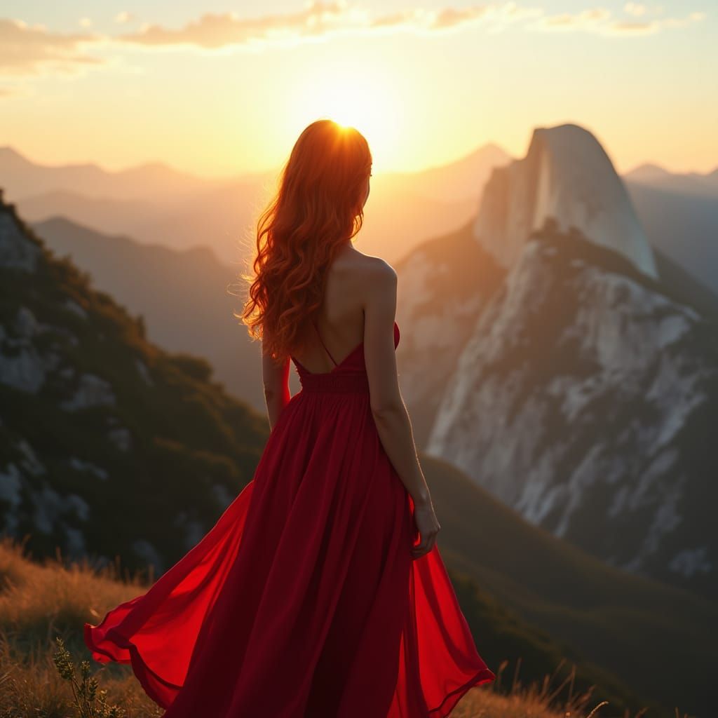 Woman with Orange Hair Gazing at Mountain Sunset