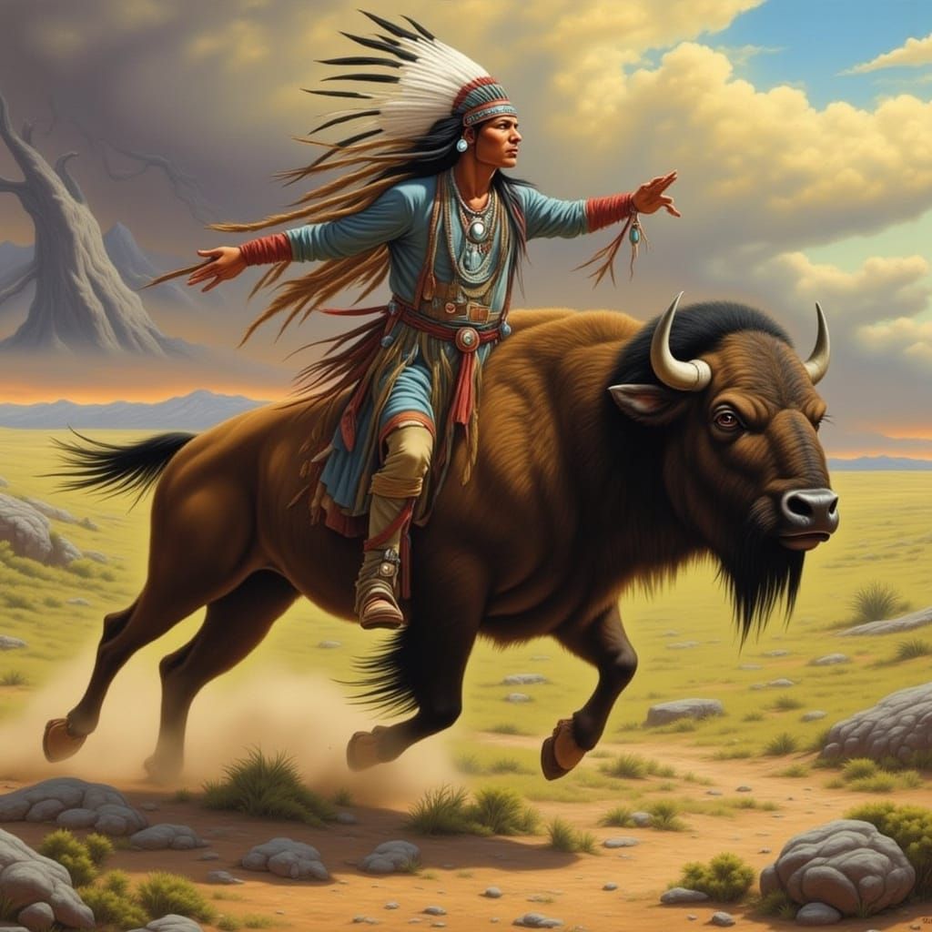 Native American Hunter Pursues Bison in Dynamic Scene