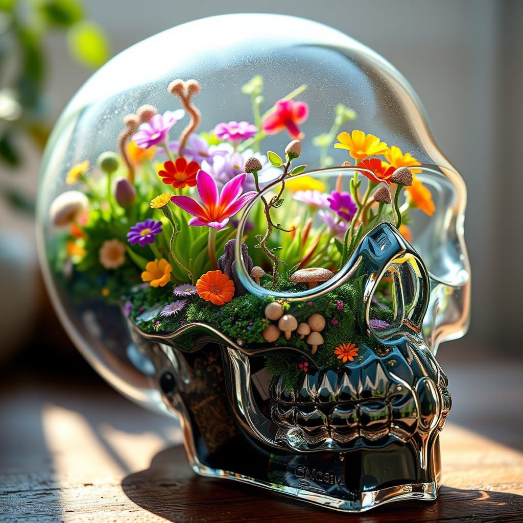 Surreal Glass Terrarium Displays Miniature Garden in Vibrant...