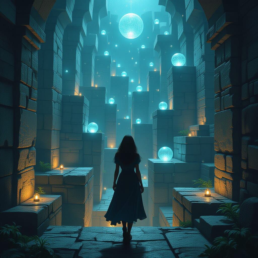 Mysterious Woman Navigating a Labyrinth
