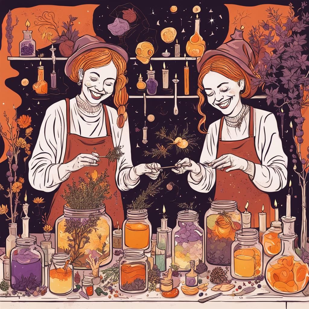 Modern Witch Sisters in Botanical Laboratory