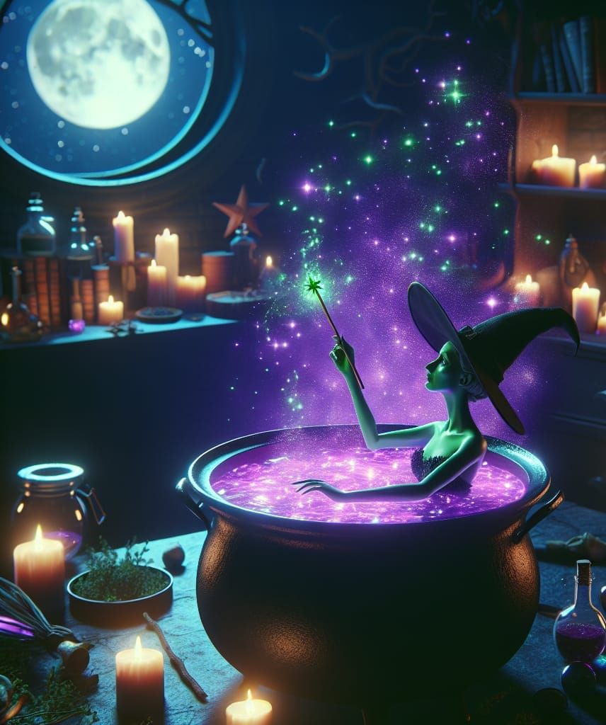 Green Witch Relaxing in Potion Cauldron