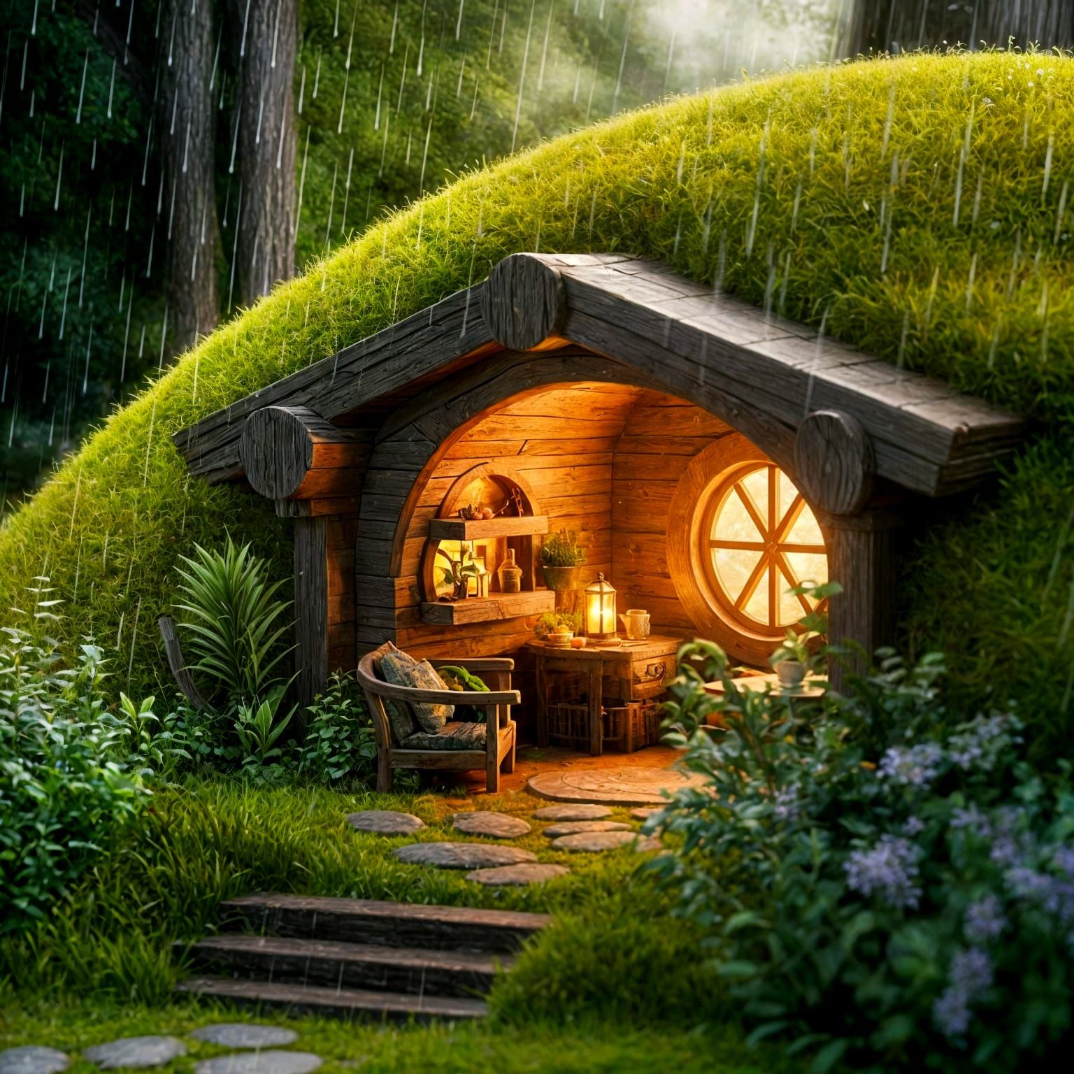 Cozy Hobbit Dwelling Illustration in Gentle Rain