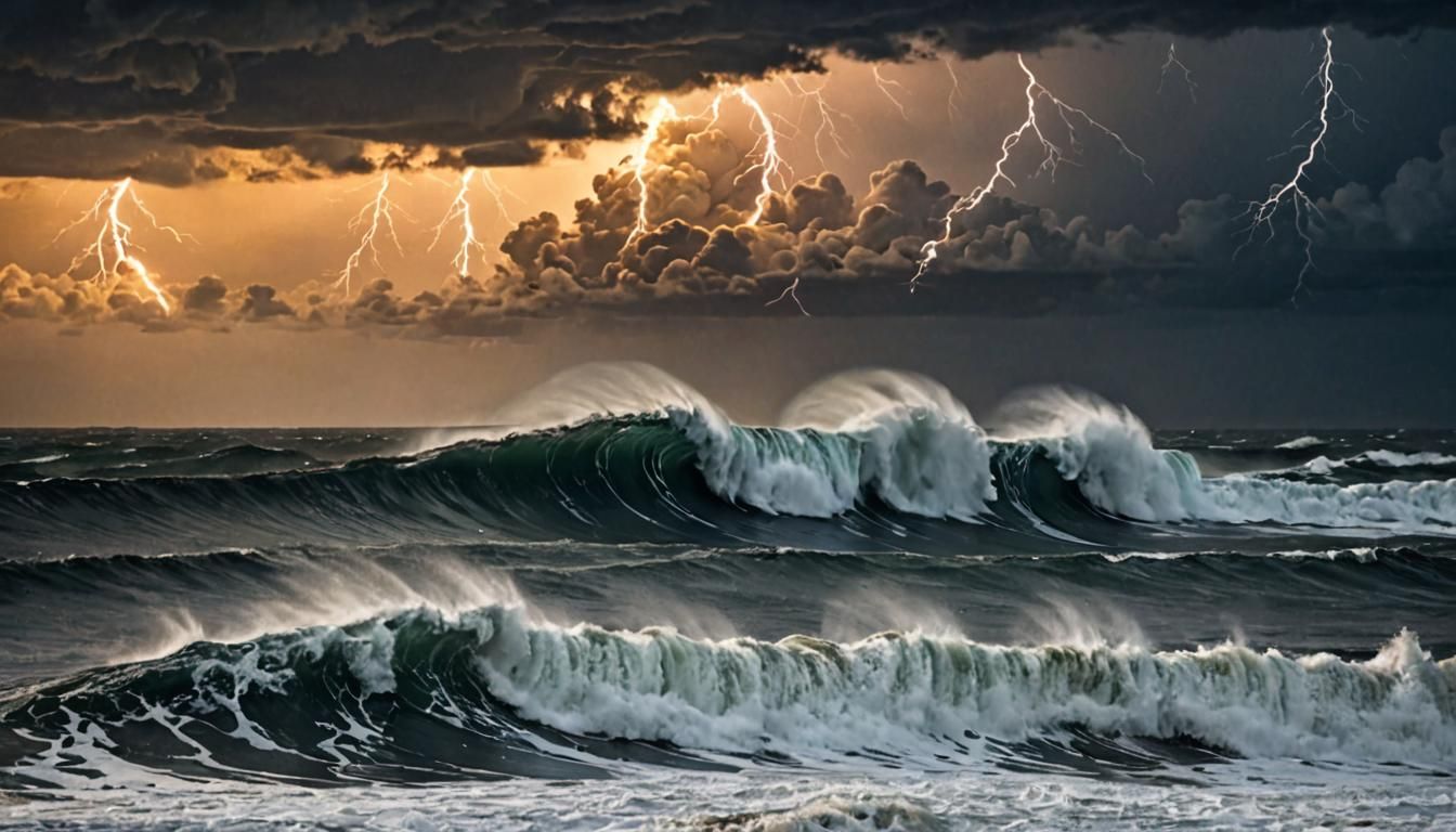 Fierce Typhoon Waves at Sunrise with Lightning
