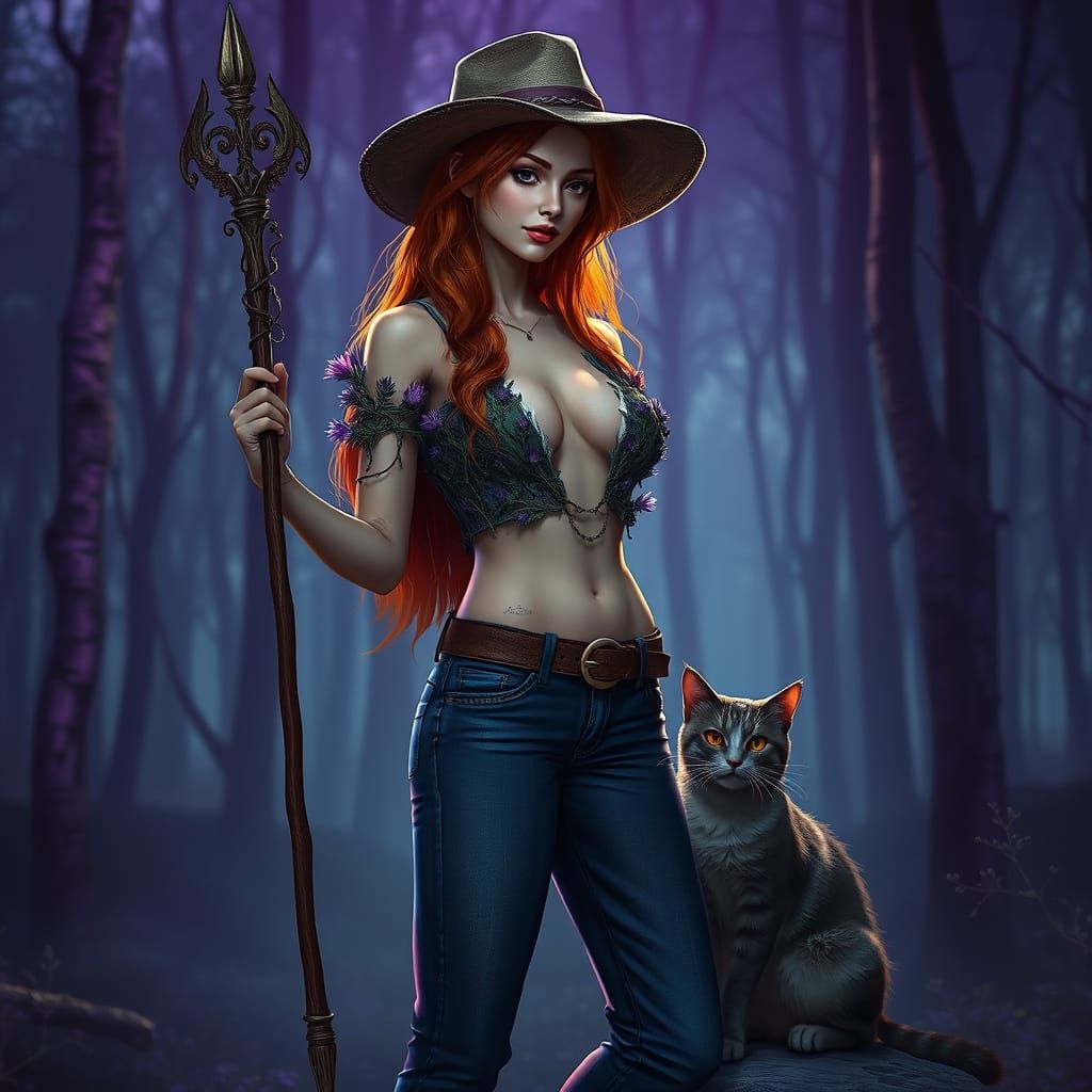 Sensual Ginger Sorceress in Forest with Cat, Dark Fantasy Ar...