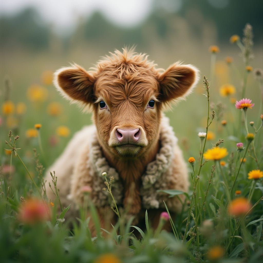Highland Calf in Wildflowers, Cinematic Film Still