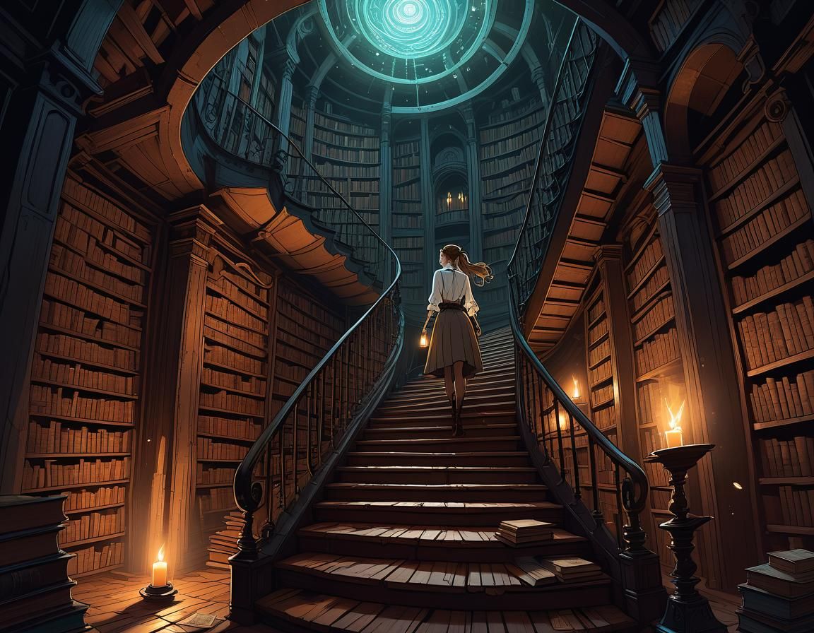 Lovecraftian Library with Girl in Anime Steampunk Style