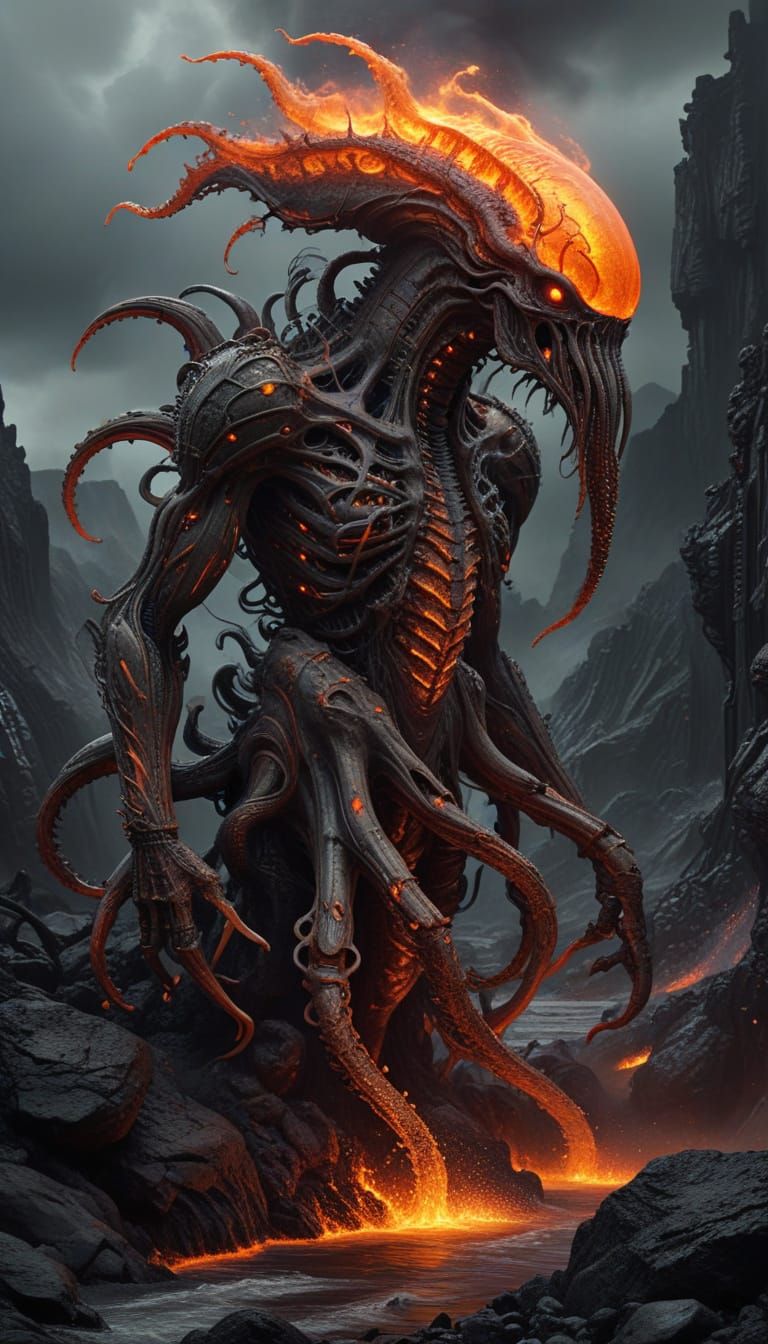 Surreal, Cyberpunk-Style Lava Beast Emerges from Magma