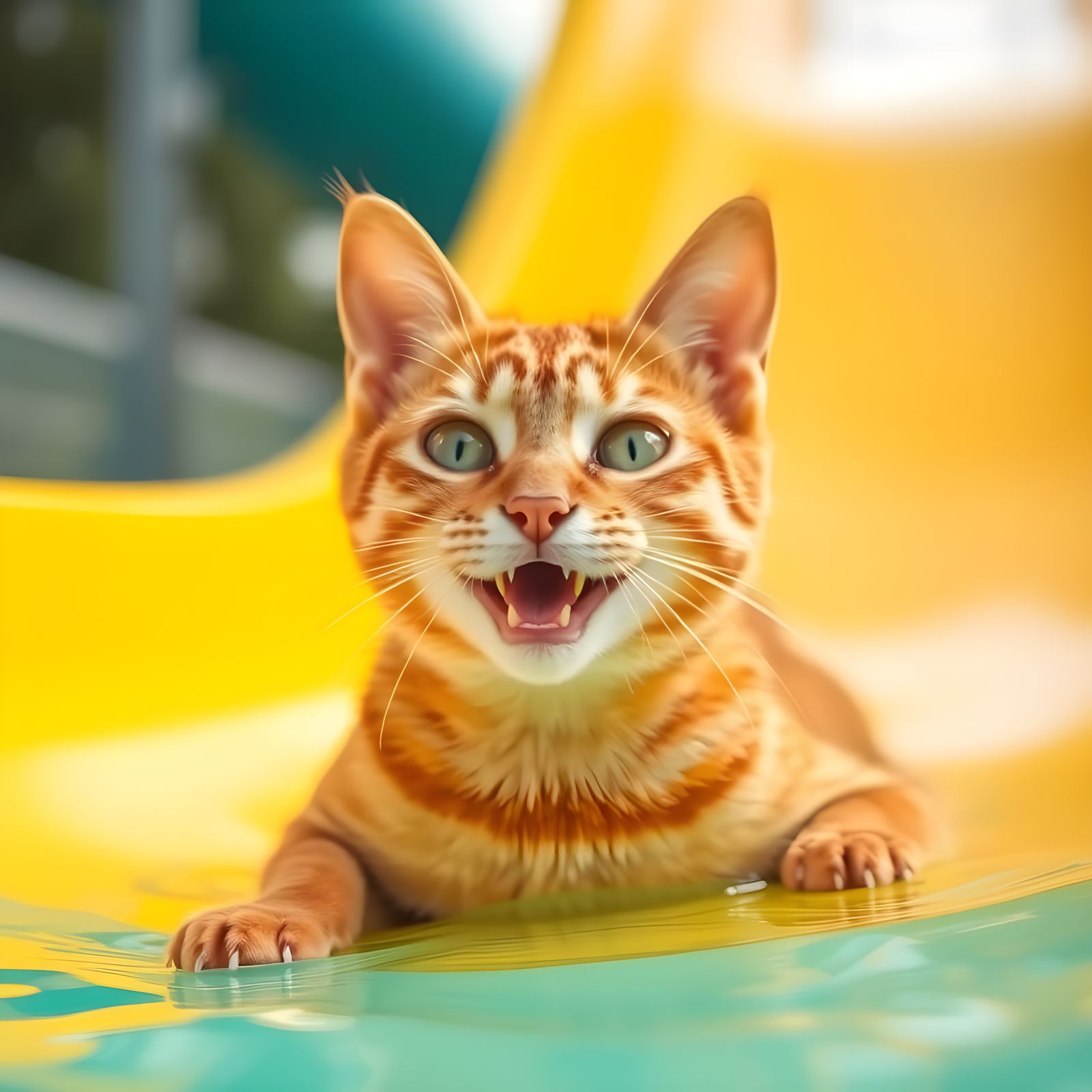 Happy Tabby Cat on Yellow Water Slide