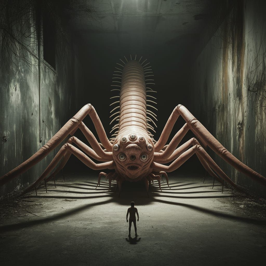 Gothic Horror Art: Terrorizing Centipede Hybrid in Dark, Fli...