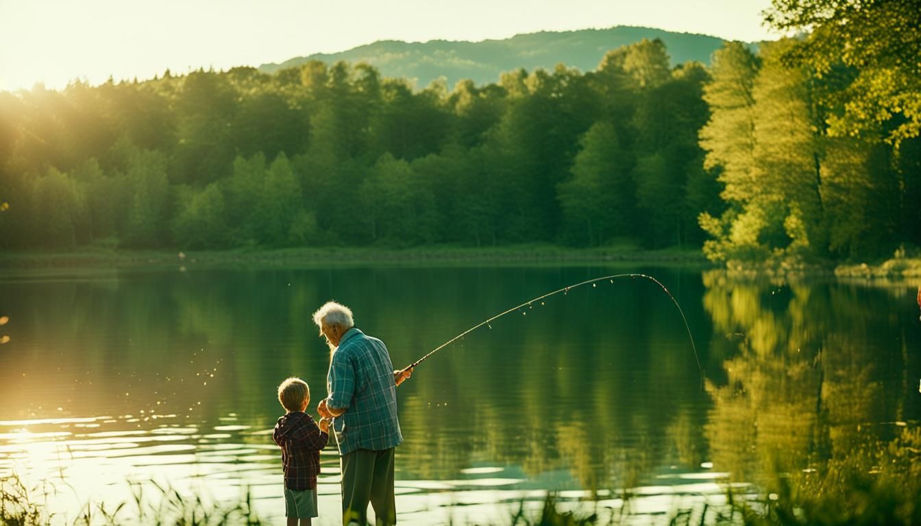 Grandfather and Child Fishing at Golden Hour