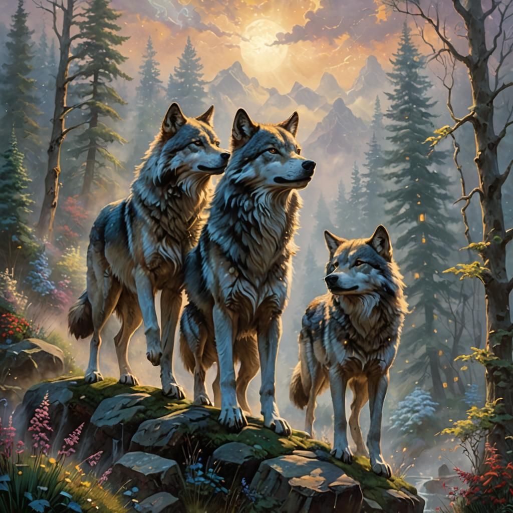 Wolves High Five in Ethereal Fantasy Landscape