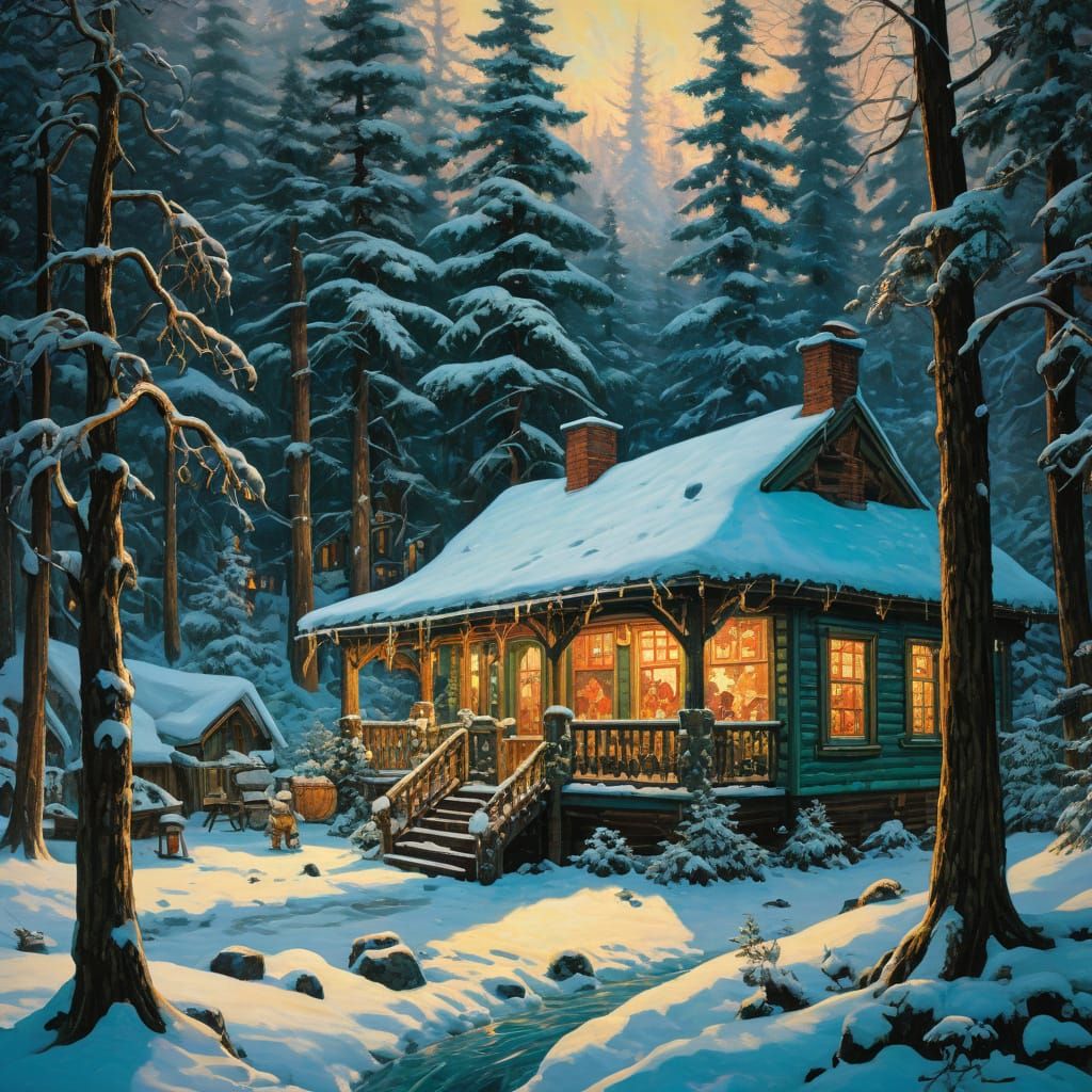 Cozy Cabin in Winter Forest: Impressionistic Style