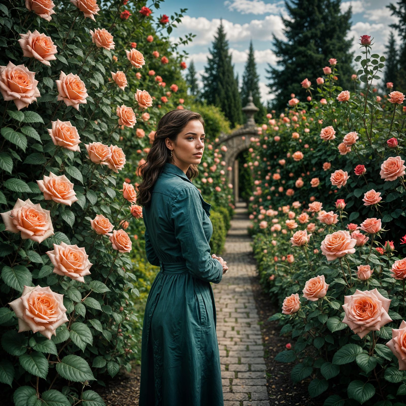 Woman in Rose Garden: Hyperrealistic 64MP Image