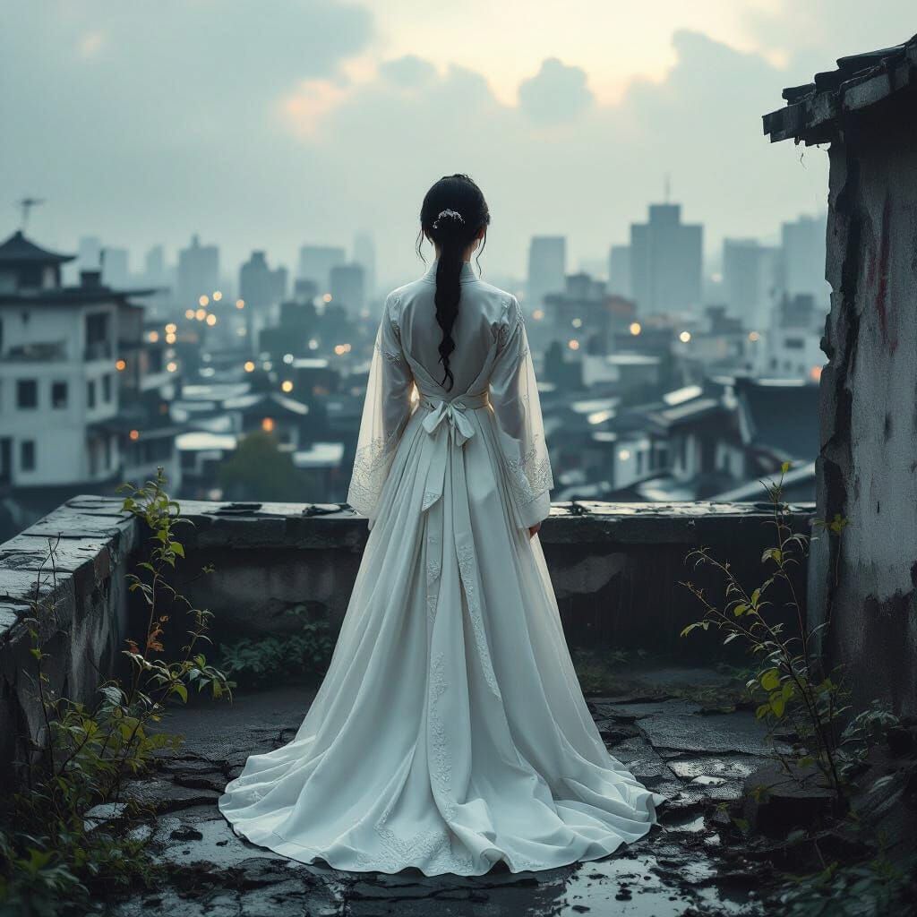 Woman in Hanbok Overlooking Crumbling City