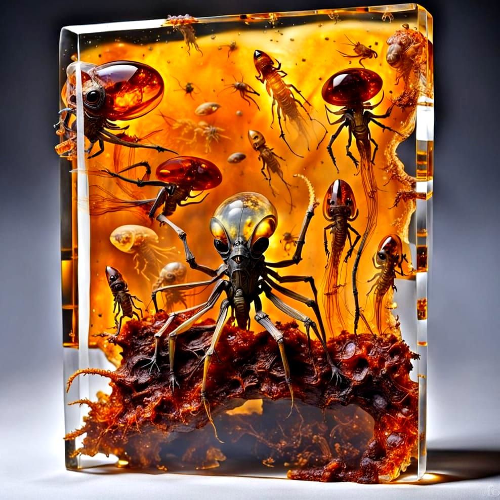Enormous Amber Slab with Alien Creatures