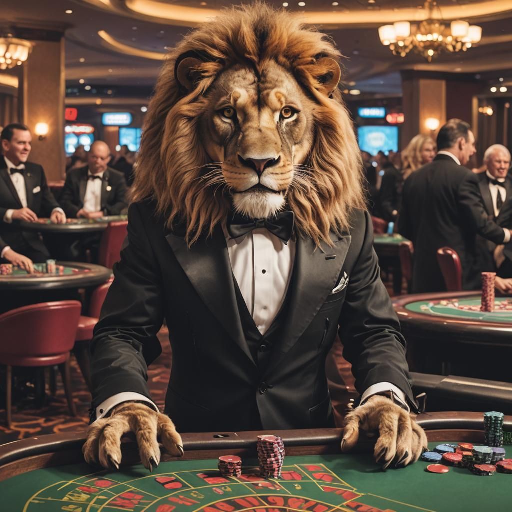 Anthropomorphic Lion in Tuxedo at Casino Roulette