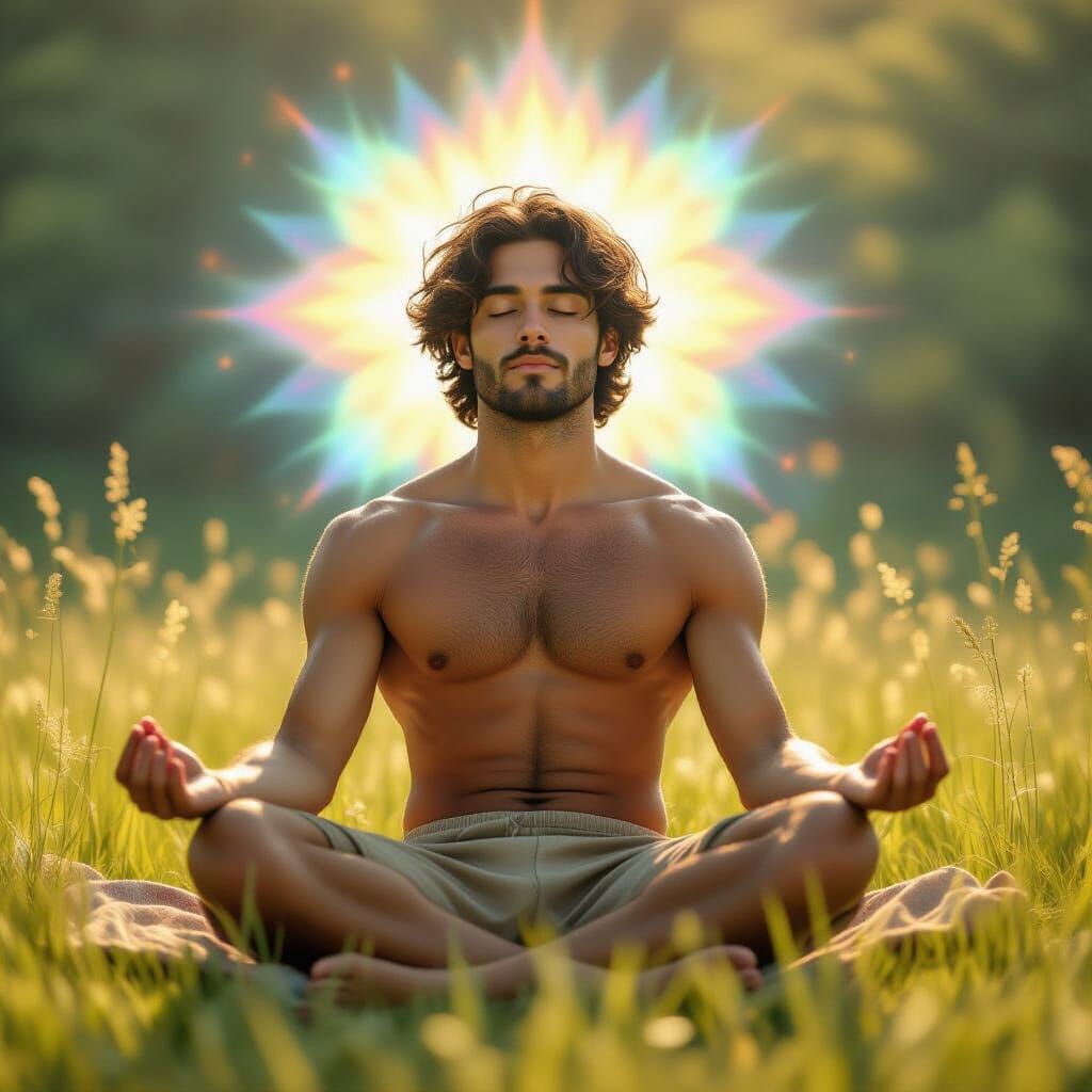Meditating Man in Sun-Drenched Meadow, Visionary Art