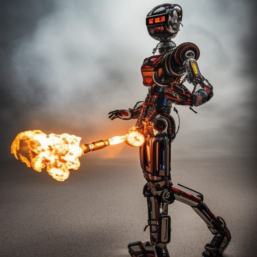 Hyperrealistic Robot with Flamethrower in HDR