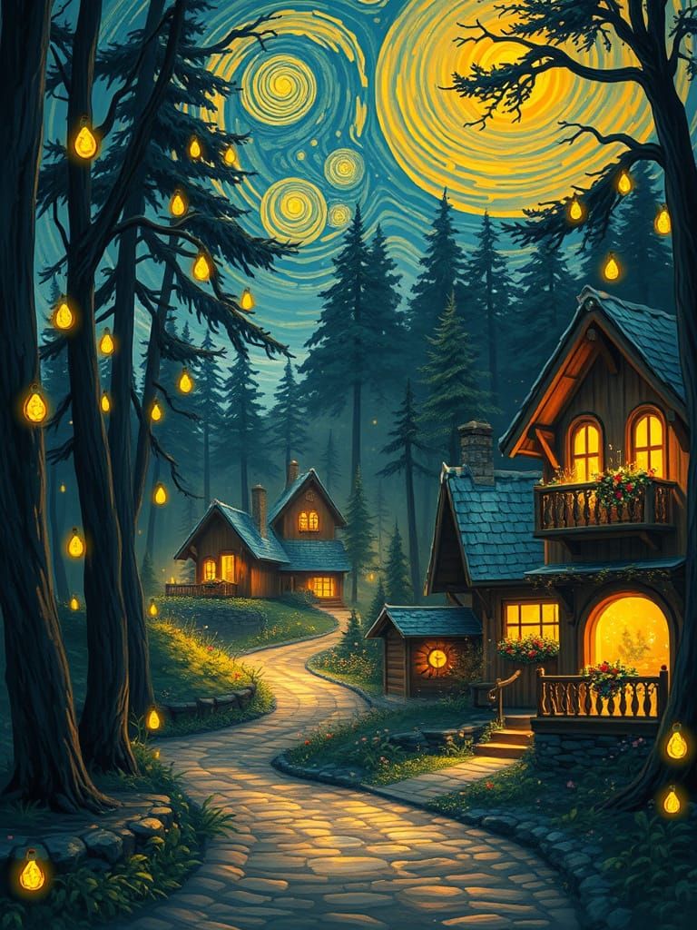 Whimsical Village in Mystical Forest