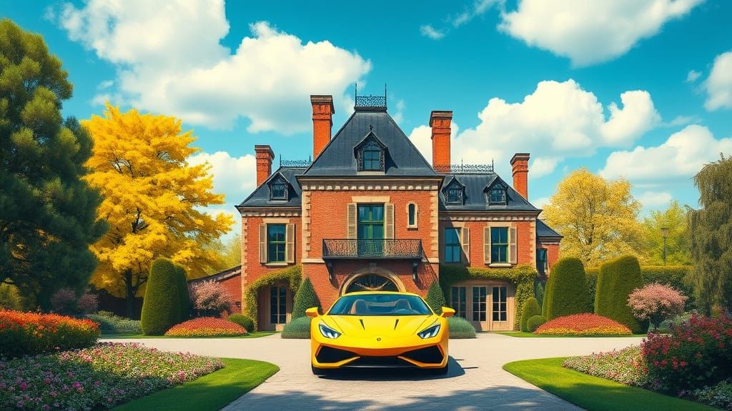 Grand Chateau with Yellow Supercar, Painterly Realism
