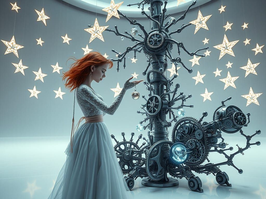 Surreal Robot Girl Amidst Futuristic Mechanical Christmas Tr...