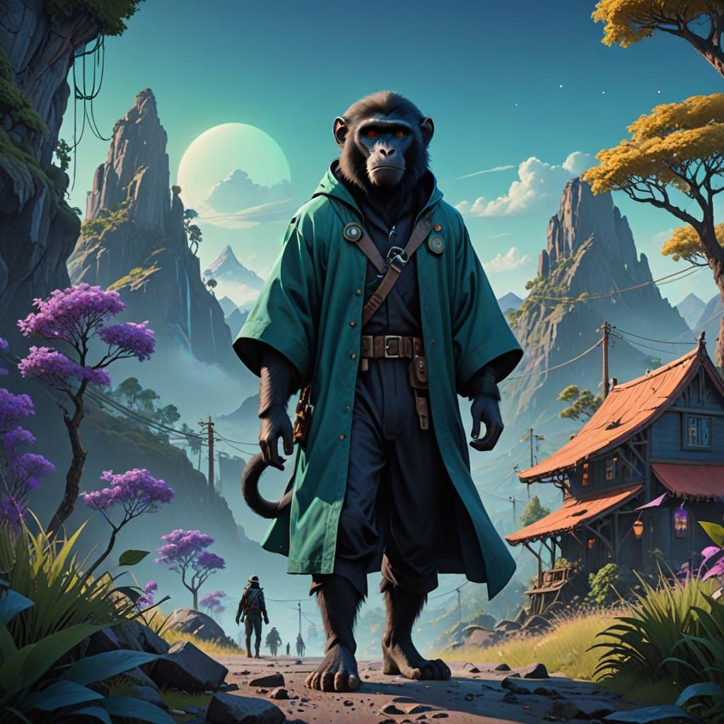 Majestic Black Monkey Boy in Vibrant Dream Realm