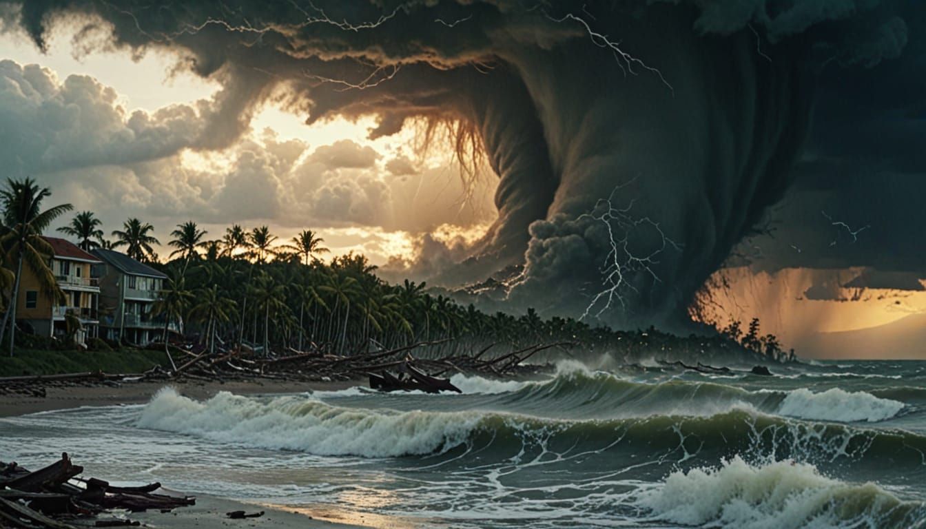 Tornado Destroys Metropolis Near Ocean: Cinematic View