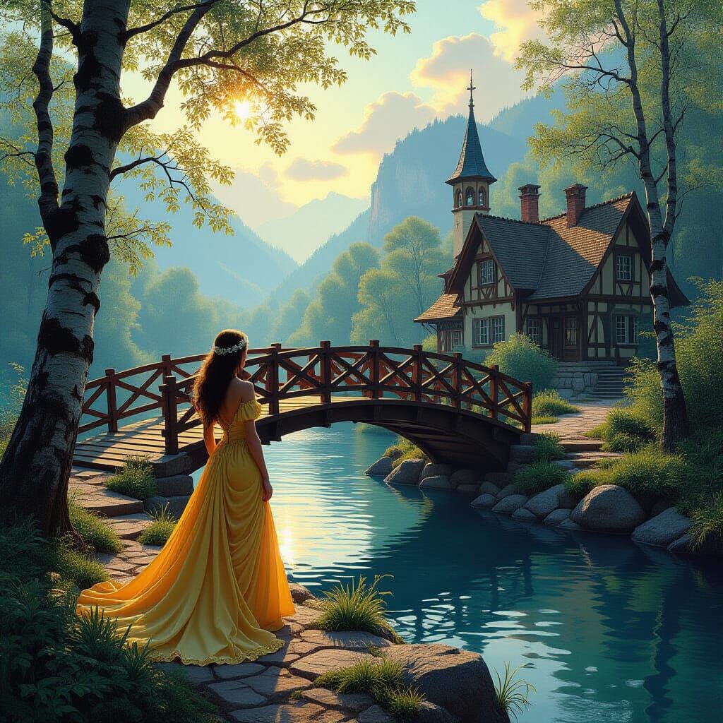 Dreamy Landscape with Woman in Yellow Dress