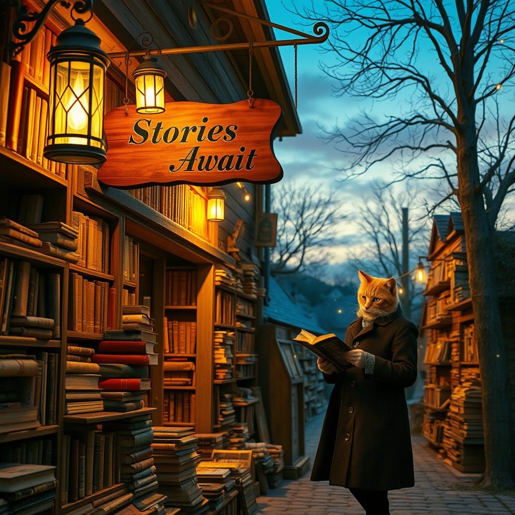 Whimsical Bookstore at Twilight with Golden Hour Glow