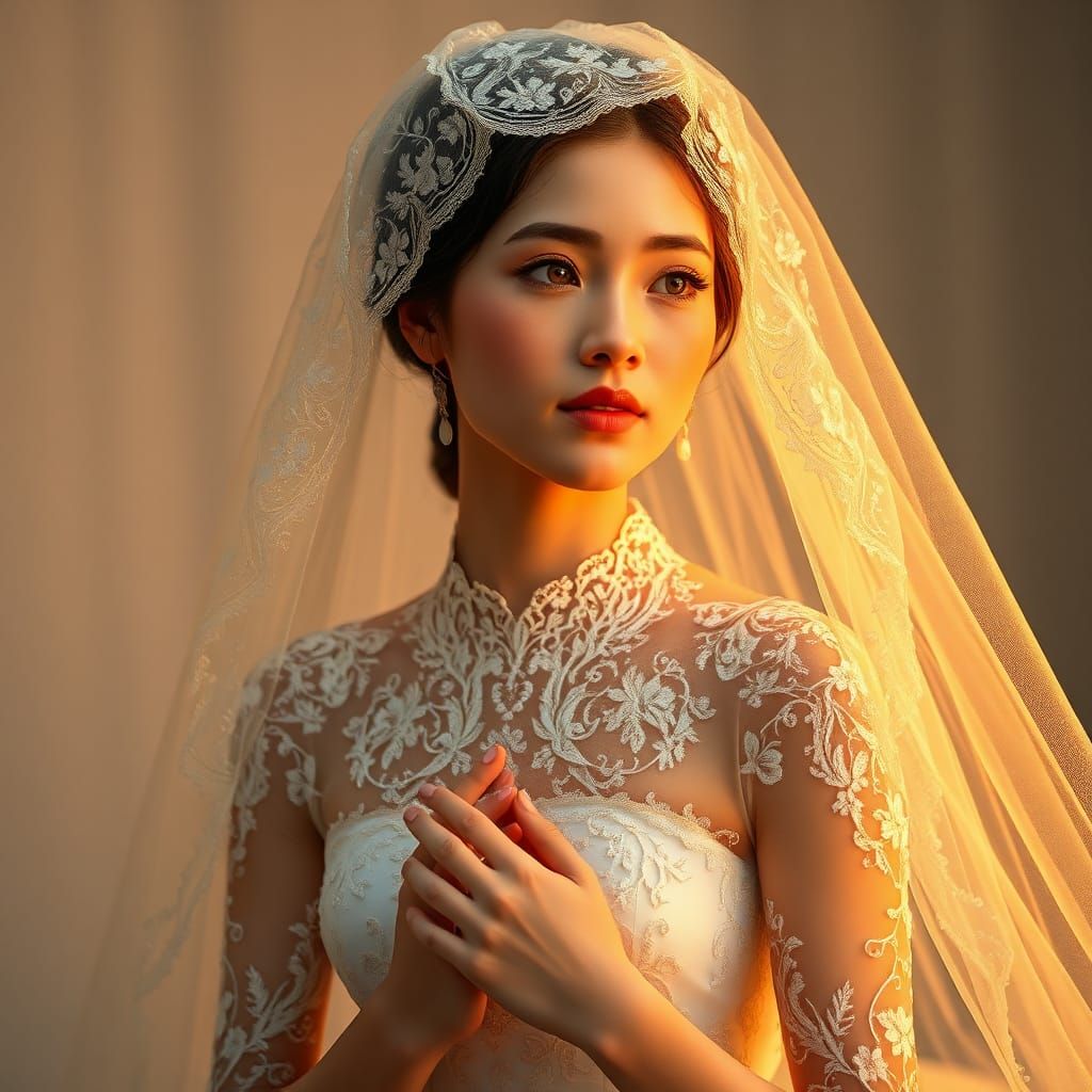 Radiant Bride in Lace Veil, Art Nouveau Style