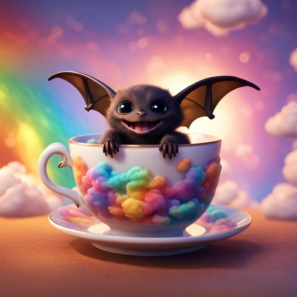 Adorable Bat in Teacup Amidst Rainbow Clouds