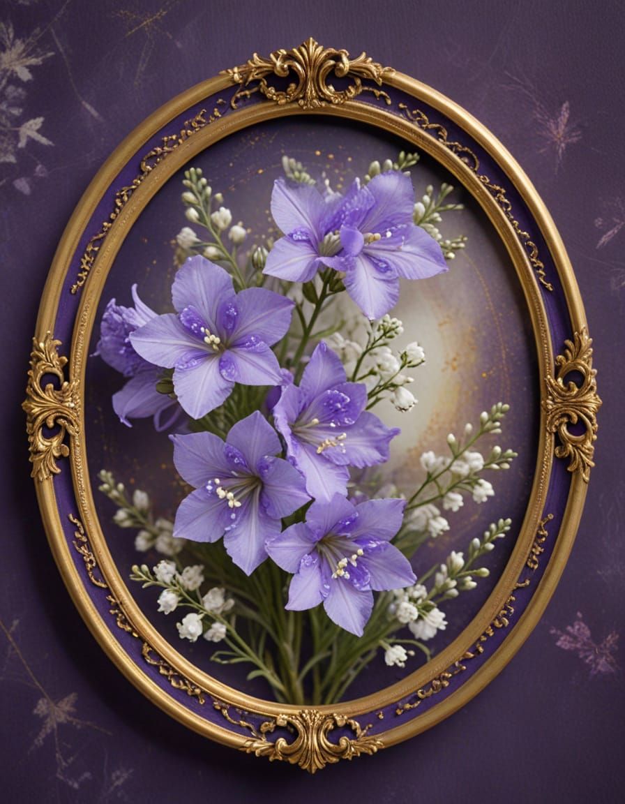 Purple Larkspur & Baby's Breath in Baroque Gold Frame