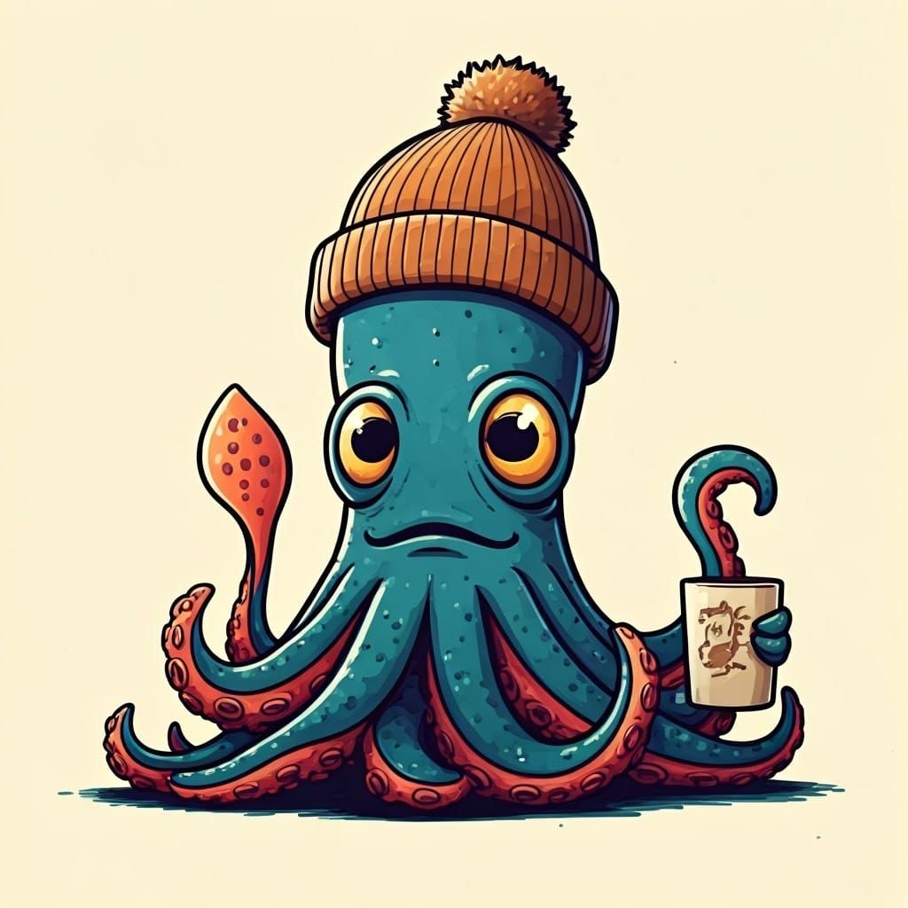 Cartoon Squid Sipping Coffee, Doodle Marker Style