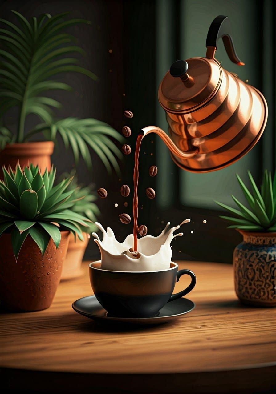 Coffee Pouring into Cup in Neo-Cubism Art Deco Style